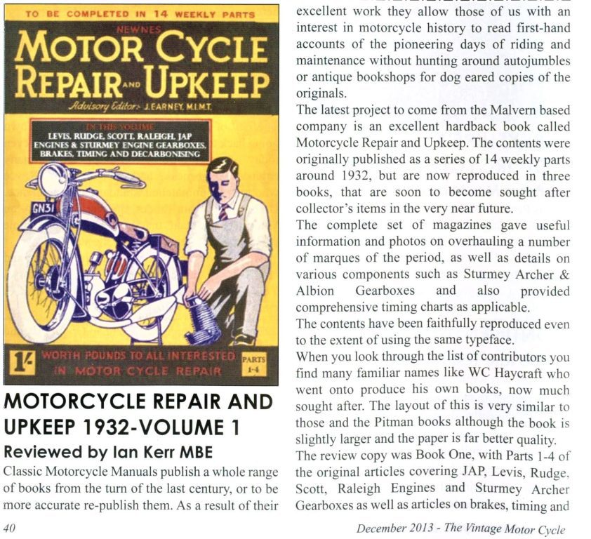 Motorcycle Repair and Upkeep Vol 1 Book Review VMCC